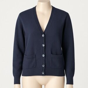 Vtg Y2K 100%‎ Wool Navy Blue Cardigan Sweater Knit XL Button Pockets Preppy